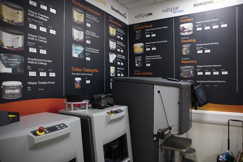 Interior of B&Q Local store showing paint-mixing area